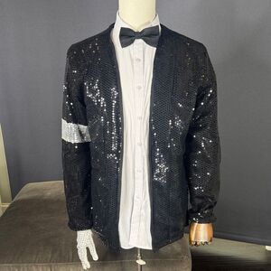 Adult Mens Black Sequin Jacket White Glove Michael Jackson Costume Halloween XXL